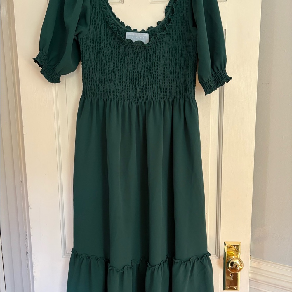 Hill House Louisa Green Crepe smocked midi nap dress
